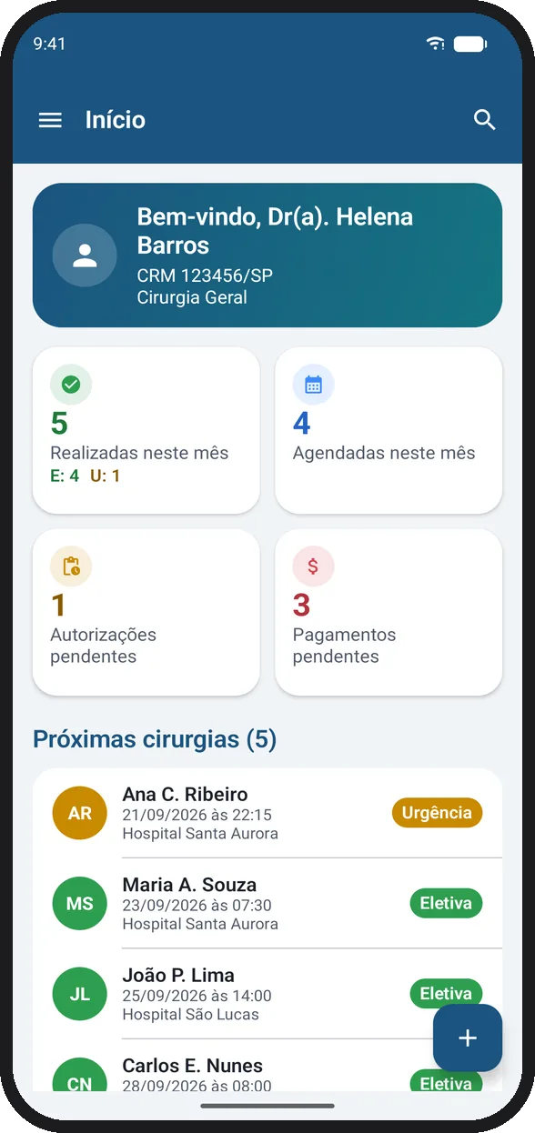 Tela inicial do Operô no Android, com resumo do mês e próximas cirurgias