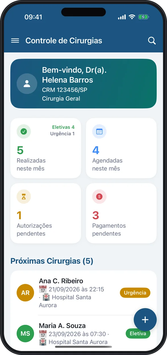 Tela inicial do Operô no iPhone, com resumo do mês e próximas cirurgias