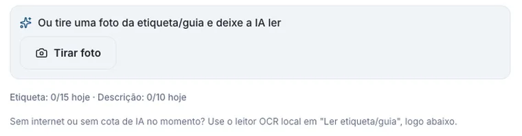 Opção de tirar foto da etiqueta ou guia para a IA ler no cadastro do Operô